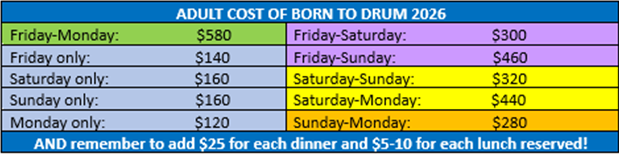 Adult Cost of Born To Drum 2026