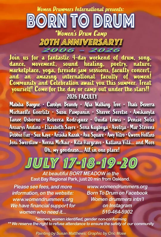 Born To Drum Women's Drum Camp 20th Anniversary 2006-2026 (back)